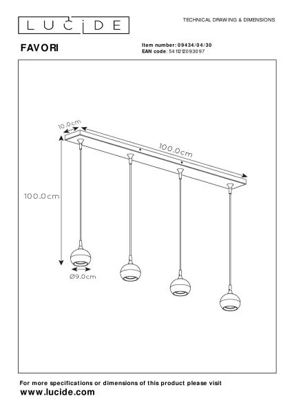 Lucide FAVORI - Suspension - 4xGU10 - Noir - technique